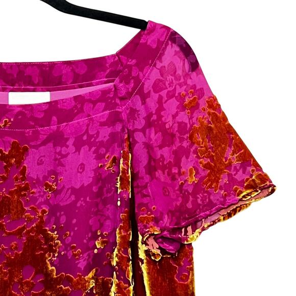 Maeve Anthropologie Velvet Burnout Blouse XS Pink‎ Gold Floral Sheer Silk Blend - Picture 6 of 11